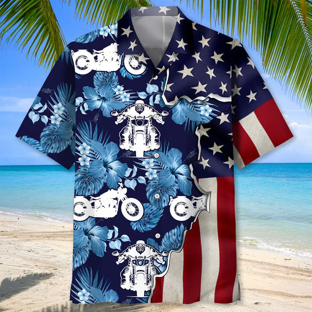 Motorcycle Tropical Us Flag Hawaiian Shirt