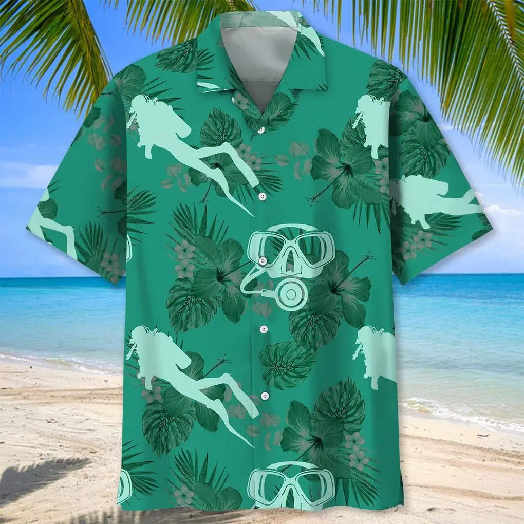 Scuba Diving Kelly Green Hawaiian Shirt