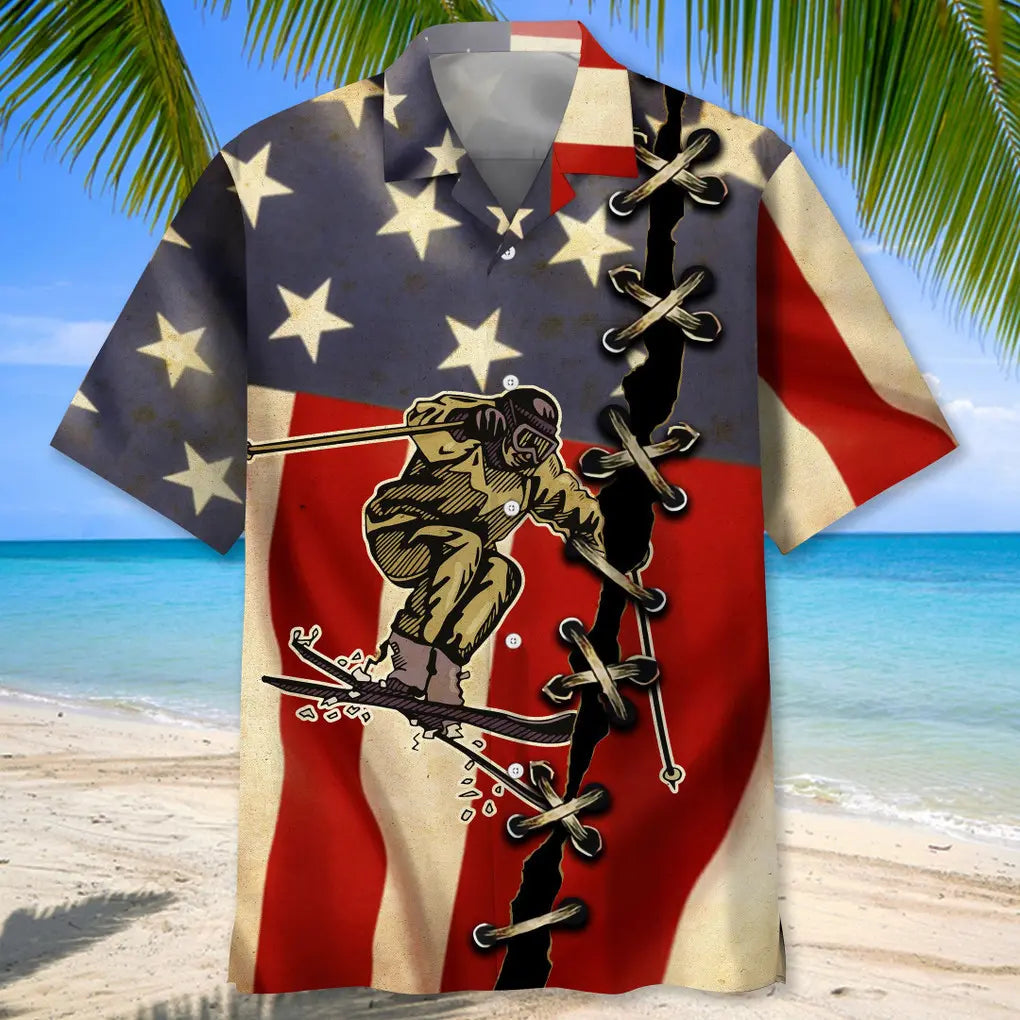 Skiing America Flag Hawaiian Shirt