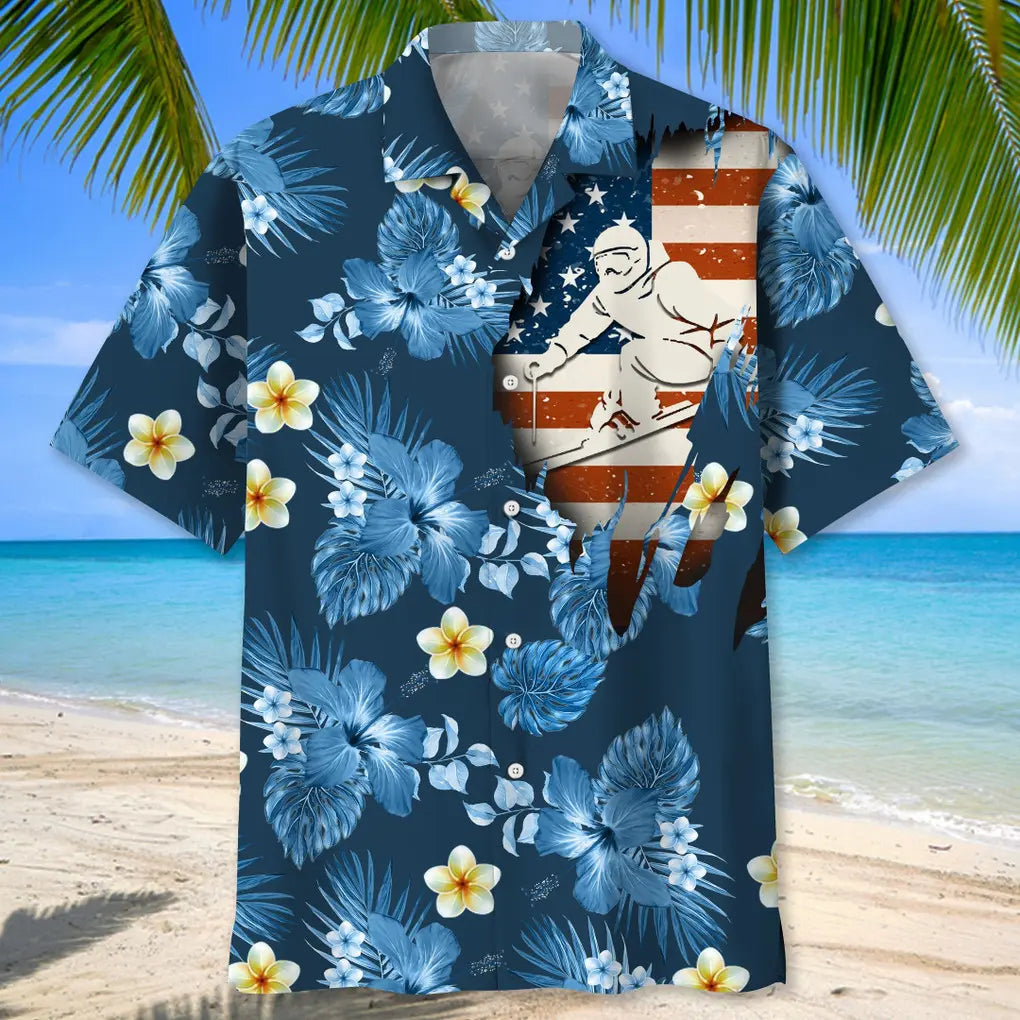 Skiing Usa Blue Tropical Hawaiian Shirt
