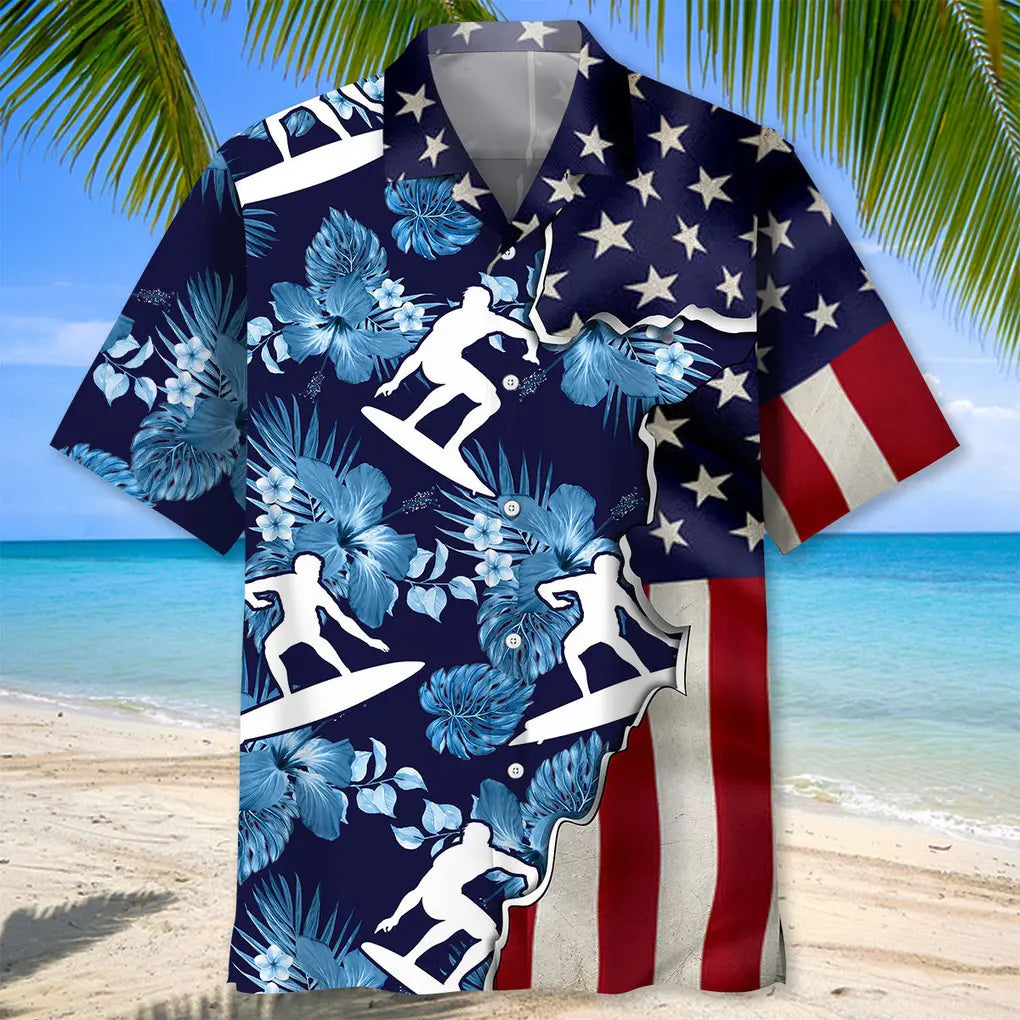 Surfing Tropical Us Flag Hawaiian Shirt