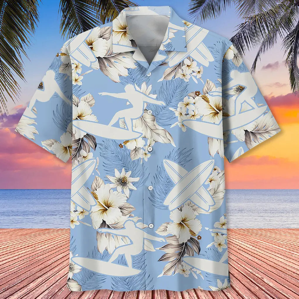 Surfing White Flower Hawaiian Shirt