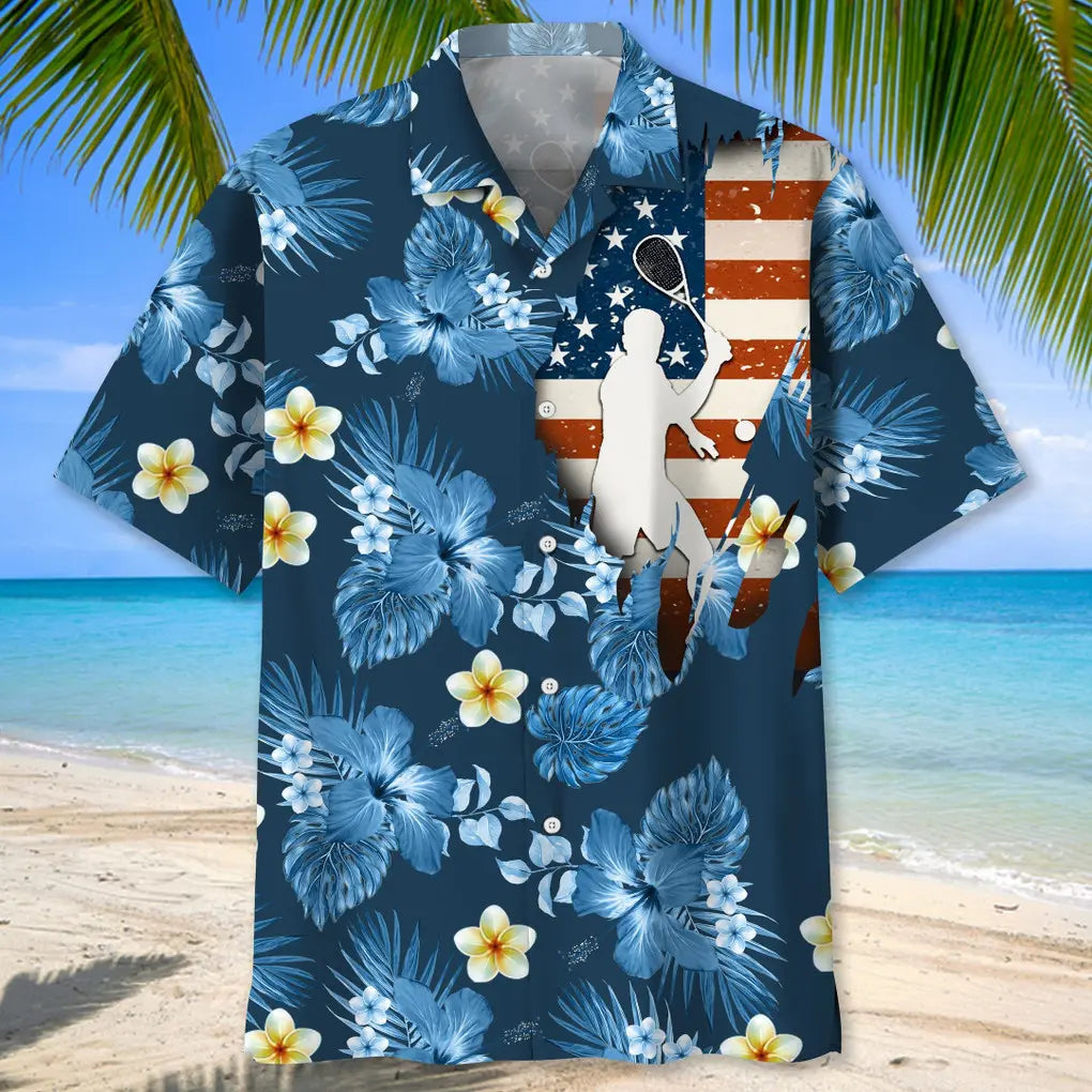 Tennis Usa Blue Tropical Hawaiian Shirt