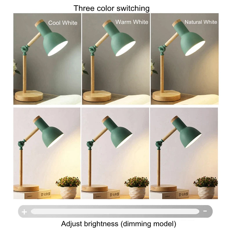 Creative Nordic Wooden Art Iron LED Folding Simple Desk Lamp, Eye Protection Reading Table Lamp Living Room Bedroom Home Decor