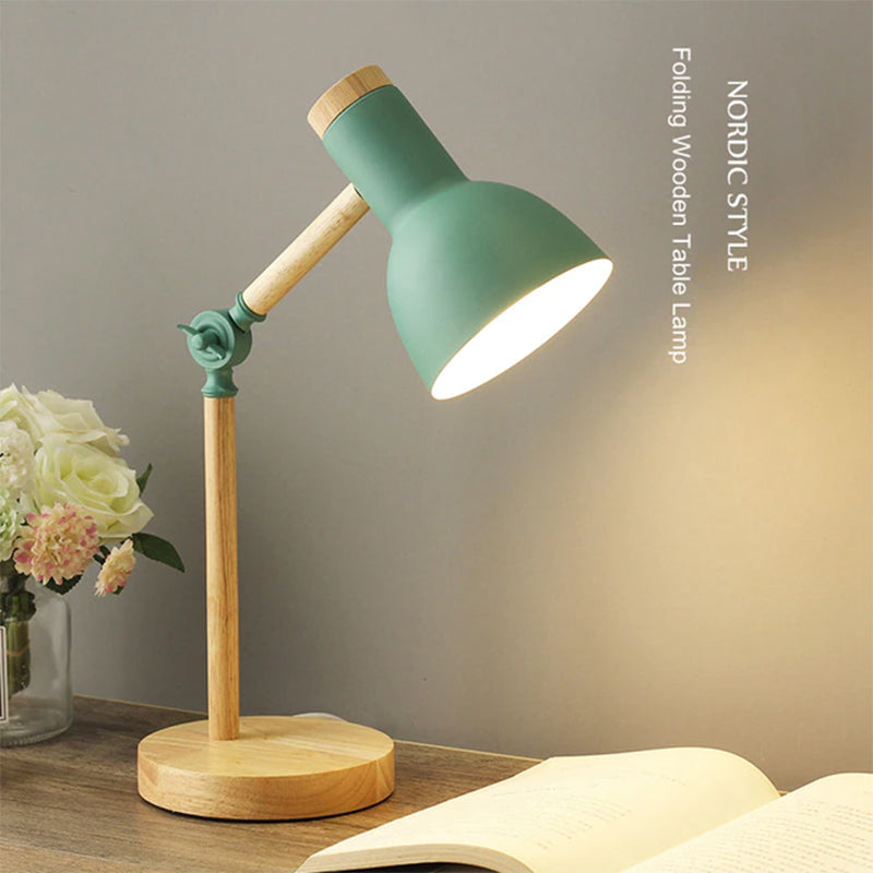 Creative Nordic Wooden Art Iron LED Folding Simple Desk Lamp, Eye Protection Reading Table Lamp Living Room Bedroom Home Decor