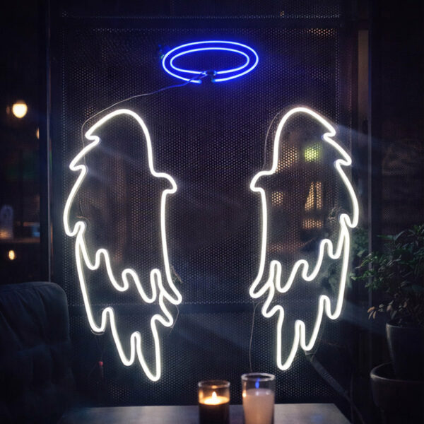 Angel Wings Neon Sign with Halo – White & Blue LED Wall Light