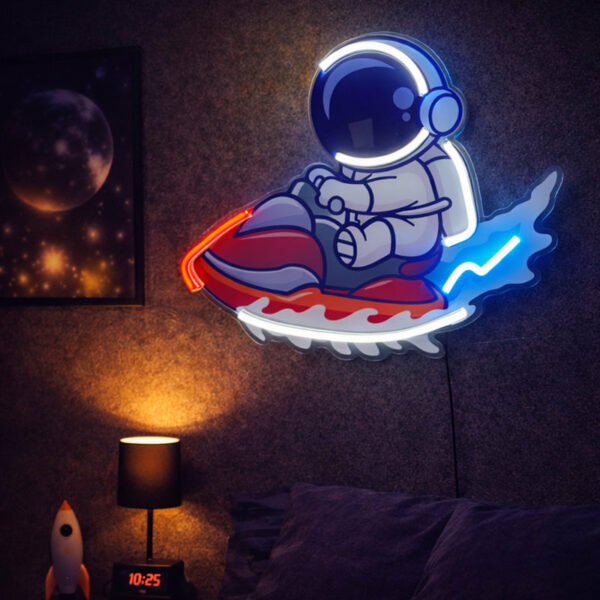 Astronaut Rocket Neon Sign – Multicolor LED Neon Wall Art for Kids Room & Space Decor