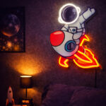 Astronaut Rocket Neon Sign – Red & White LED Neon Wall Art for Kids Room & Space Decor