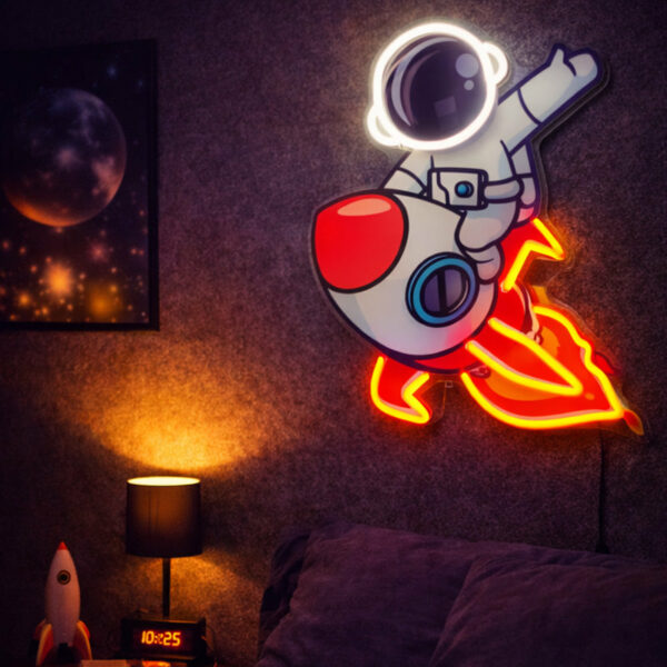 Astronaut Rocket Neon Sign – Red & White LED Neon Wall Art for Kids Room & Space Decor