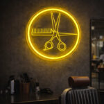 Barber Scissors & Comb Neon Sign – Yellow LED Hair Salon Wall Light