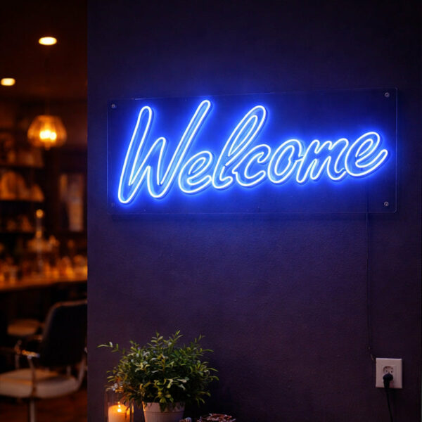 Blue “Welcome” LED Neon Sign – Modern Acrylic Wall Decor Light