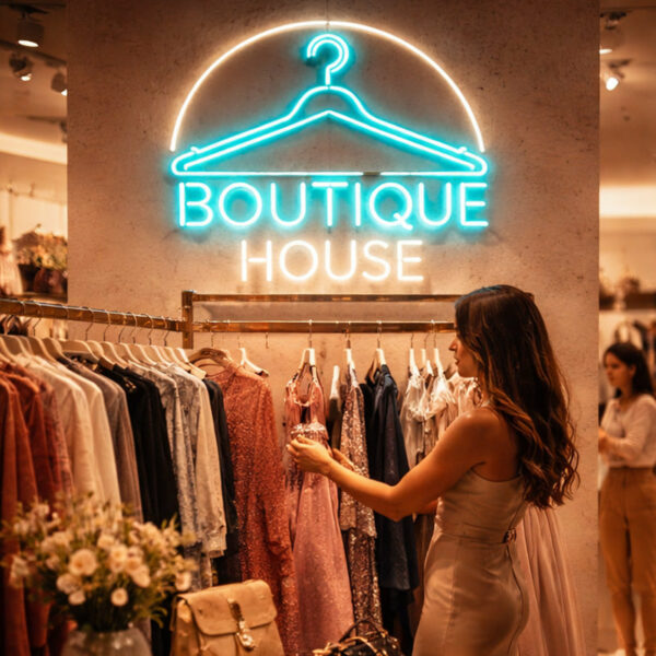 Boutique House LED Neon Sign with Hanger Design for Clothing Store, Fashion Shop and Wall Decor