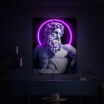 Classical Greek Statue Neon Halo Wall Art – Purple LED Ring Design