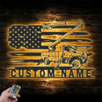 Custom Name US Lineman Bucket Truck Driver Metal Wall Signs With RGB Led Light