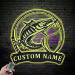 Custom Name Wahoo Fishing Fish Pole Metal Wall Signs With RGB Led Light