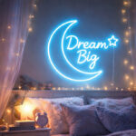 Dream Big Moon & Star Neon LED Sign for Kids Room, Nursery Decor, Soft Blue Inspirational Night Light, Cute Handmade Neon Wall Art for Bedroom, Playroom, Gift Idea