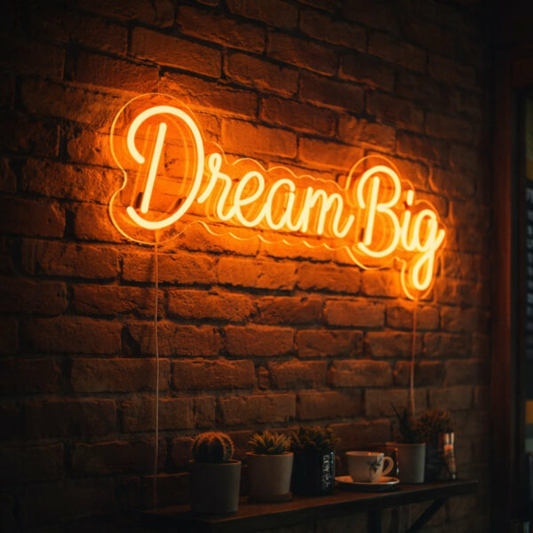 Dream Big Warm Orange Neon LED Sign – Inspirational Handwritten Script Neon Light for Brick Wall, Café, Coffee Shop, Home Office, Creative Studio & Modern Vintage Interior Decor