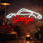 Garage Neon Sign with Car Outline – Red & White LED Wall Light
