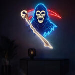 Grim Reaper Neon Wall Sign – Blue & Red LED Skull Art with Scythe for Gaming Room, Bar, Studio, or Dark Decor