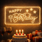 Happy Birthday Script Neon Sign – Warm Yellow LED Acrylic Wall Sign with Stars