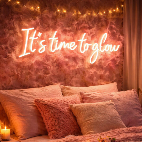 It’s Time to Glow Neon Sign – Warm White Script LED Quote with Soft Pink Feather Backdrop for Glam Bedroom, Beauty Studio & Cozy Aesthetic Decor
