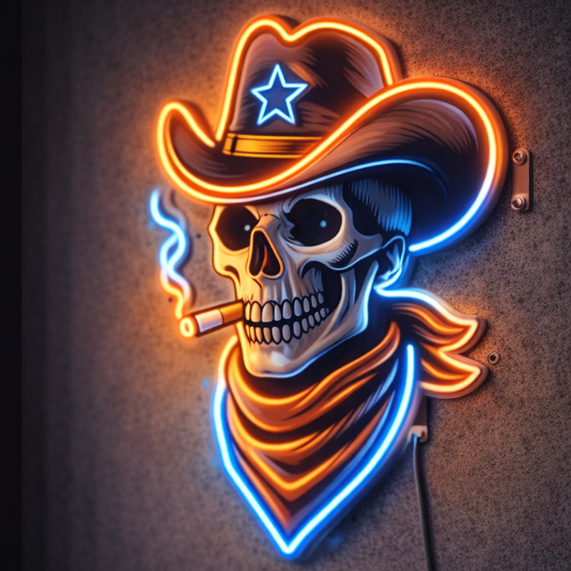 1NeonCowboySkullWallSign_WesternSkeletonLEDArtwithHat_Scarf_CigarGlow.jpg