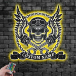 Personalized Biker Skull Wings And Pistons Metal Wall Signs With RGB Led Light