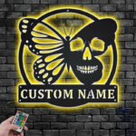 Personalized Butterfly Skull Metal Wall Signs With RGB Led Light
