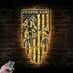Personalized Father Daughter Motocross Biker US Flag, Metal Wall Signs With RGB Led Light
