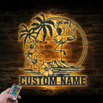 Personalized Flamingo Sunglass Hawaiian Flower Scene, Metal Wall Signs With RGB Led Light