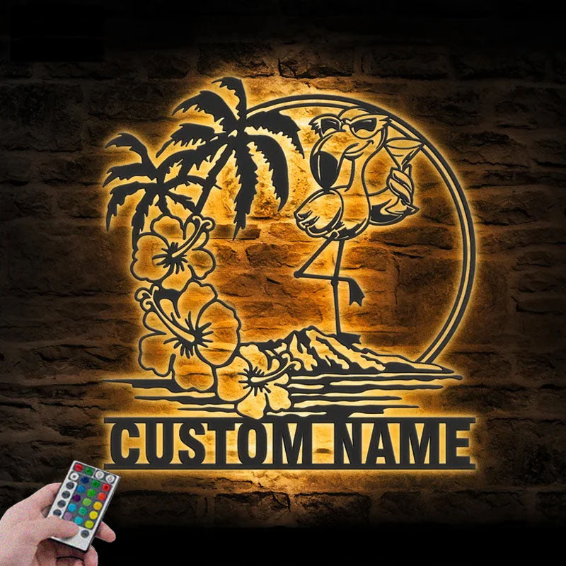 1PersonalizedFlamingoSunglassHawaiianFlowerScene_MetalWallSignsWithRGBLedLight.jpg