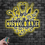 Personalized Nurse Floral Frame, Metal Wall Signs With RGB Led Light