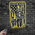 Personalized US Fire Fighter With Sons Name Sign Decoration For Room Metal Wall Signs With RGB Led Light
