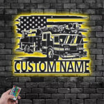 Personalized US Fire Truck Metal Metal Wall Signs With RGB Led Light