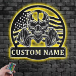 Personalized US Flag Skull Fitness Decoration For Room, Metal Wall Signs With RGB Led Light