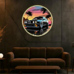 Retro Neon Sports Car Wall Art UV Print – Round Automotive Canvas for Man Cave & Modern Decor - LEDTOT