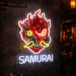 Samurai Demon Neon Sign – Japanese Oni Mask LED Wall Art