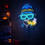 Skull with Hat Neon Sign – Cool Blue LED Wall Art with Glasses & Cigar