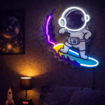 Surfing Astronaut Neon Sign – Multicolor LED Neon Wall Art for Kids Room & Space Decor