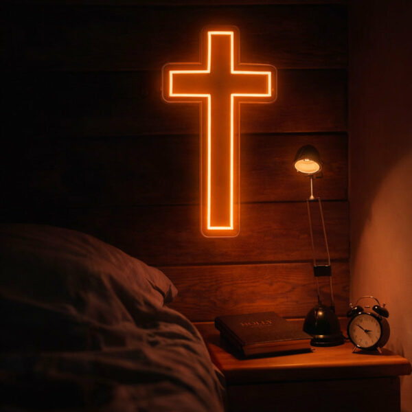 Warm Amber Cross Neon Sign – Minimalist Faith-Inspired LED Wall Light