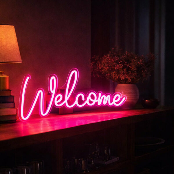 Welcome Pink Neon LED Sign for Home Entrance, Shop Front, Café & Event Decor, Handwritten Script Neon Light for Wall Display, Warm Modern Interior Accent