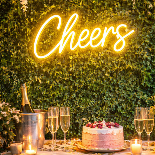 “Cheers” Neon Sign – Warm Yellow LED Neon Script for Bar, Restaurant & Photo Backdrop Decor