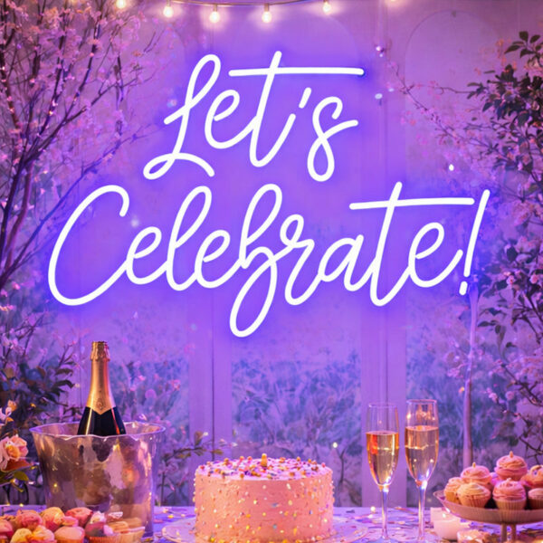 “Let’s Celebrate!” Neon Sign – Purple LED Neon Script Sign for Party Decor, Event Backdrop & Wall Display