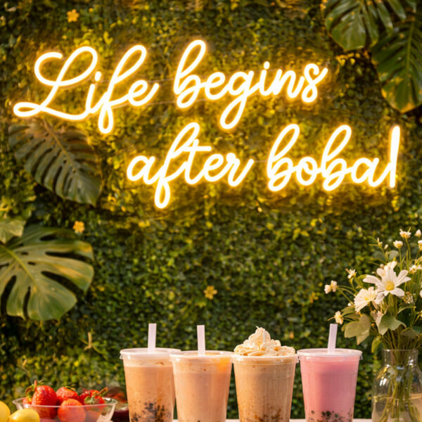 “Life Begins After Boba” Neon Sign – Warm Yellow LED Neon Script for Boba Shop, Café & Photo Wall Decor