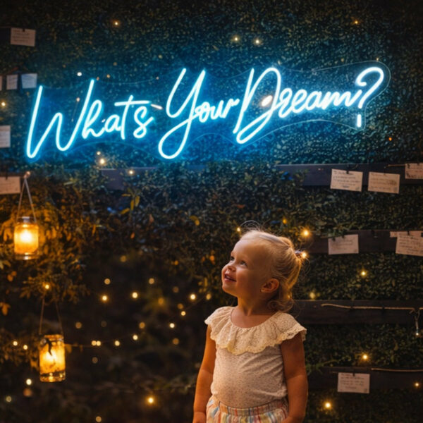 “What’s Your Dream?” Neon Sign – Blue LED Neon Quote Sign for Kids Room, Event Backdrop & Wall Decor