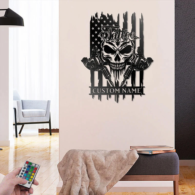 2CustomNameTattooMachineAmericaFlagMetalWallArtWithRGBLedLight.jpg