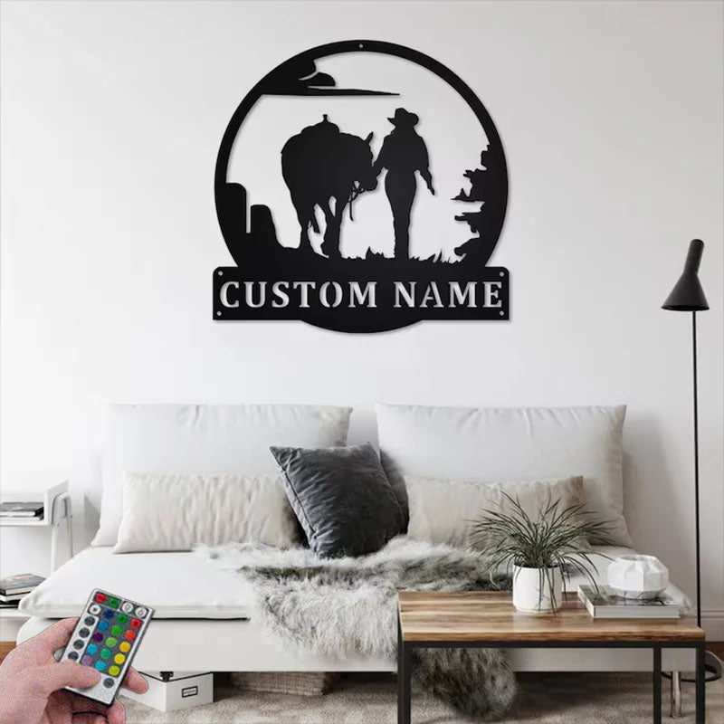 2PersonalizedCowgirlWalkingWithHorseMetalWallSignsWithRGBLedLight.jpg