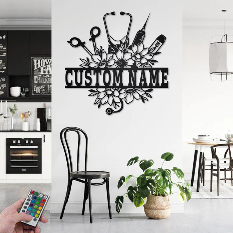 2PersonalizedNurseFloralFrame_MetalWallSignsWithRGBLedLight.jpg