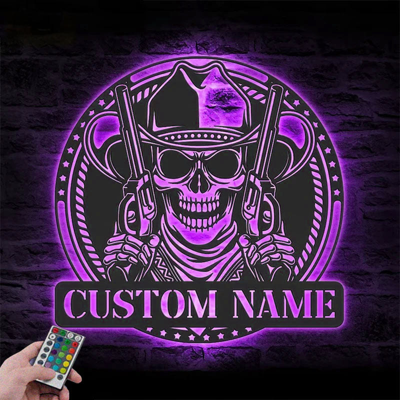 3PersonalizedWesternCowboySkullHoldGunMetalWallSignsWithRGBLedLight.jpg