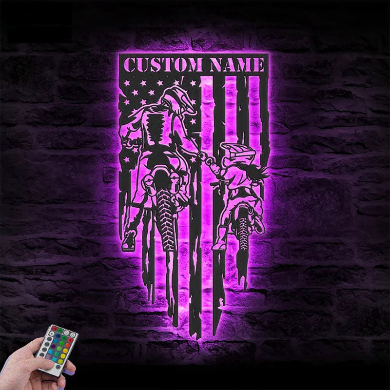 4PersonalizedFatherDaughterMotocrossBikerUSFlag_MetalWallSignsWithRGBLedLight.jpg